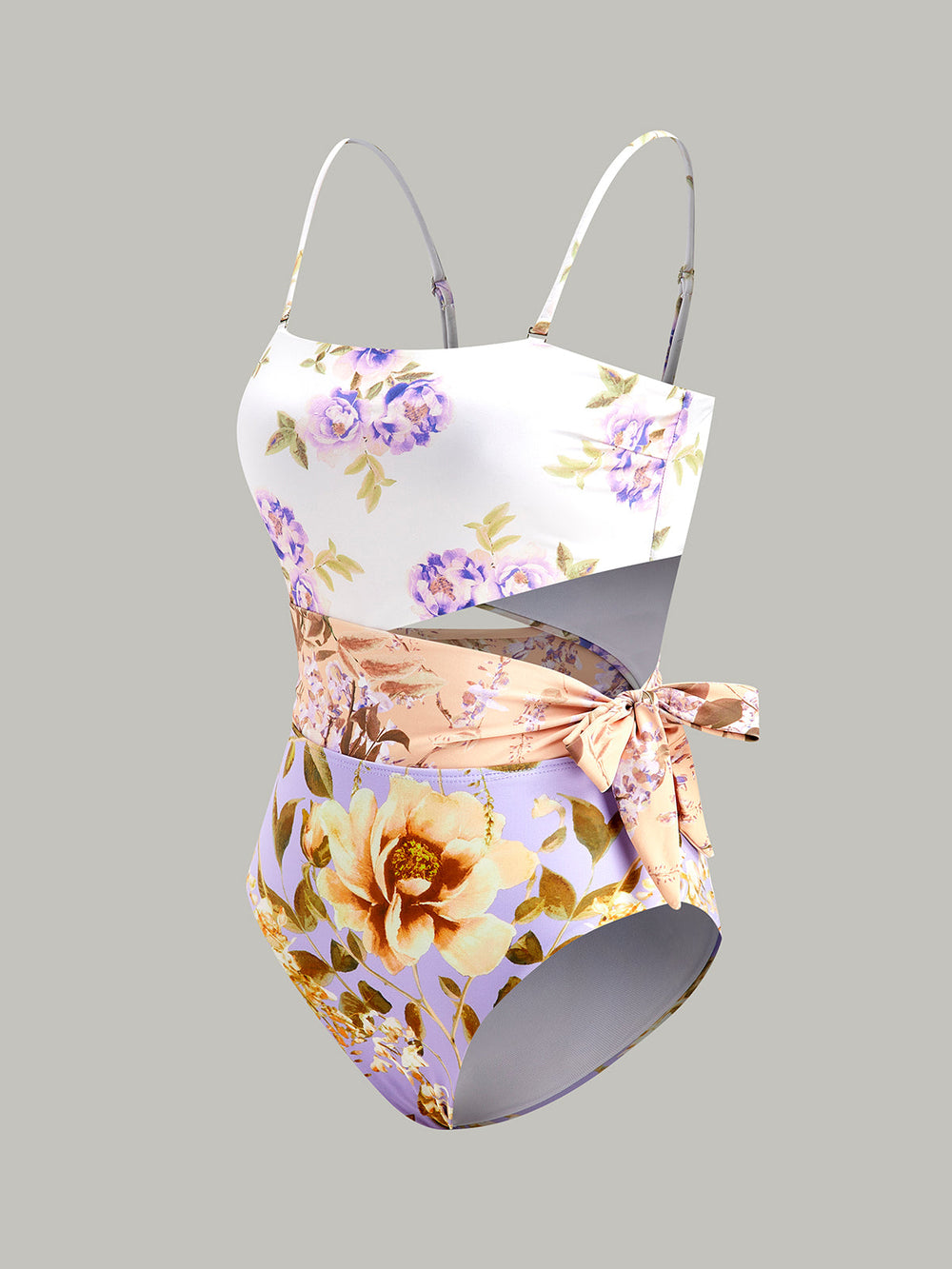 Maillot de bain une pièce à bretelles spaghetti avec nœud à découpe imprimé
