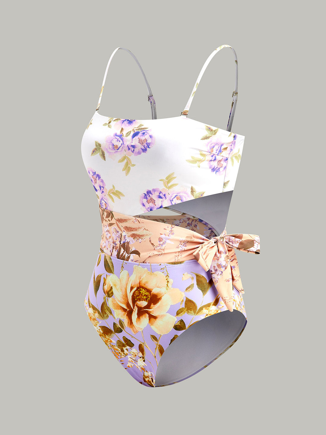 Maillot de bain une pièce à bretelles spaghetti avec nœud à découpe imprimé