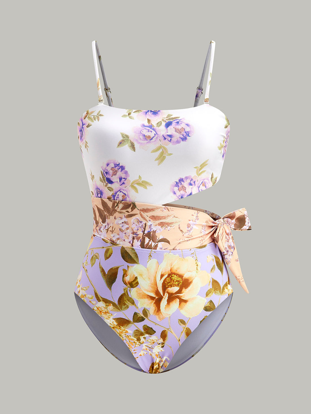 Maillot de bain une pièce à bretelles spaghetti avec nœud à découpe imprimé