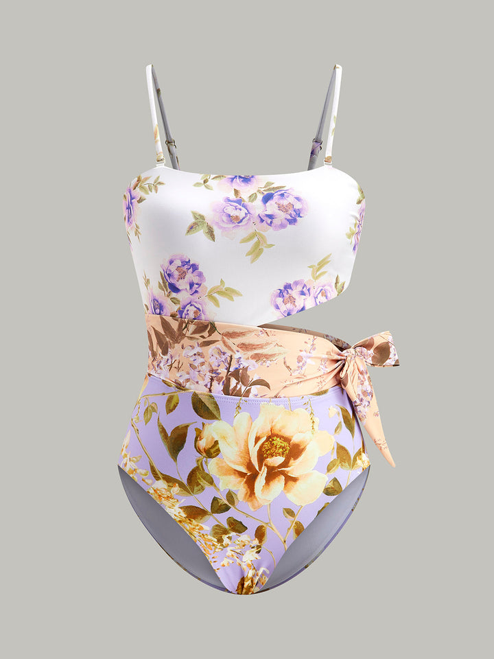 Maillot de bain une pièce à bretelles spaghetti avec nœud à découpe imprimé