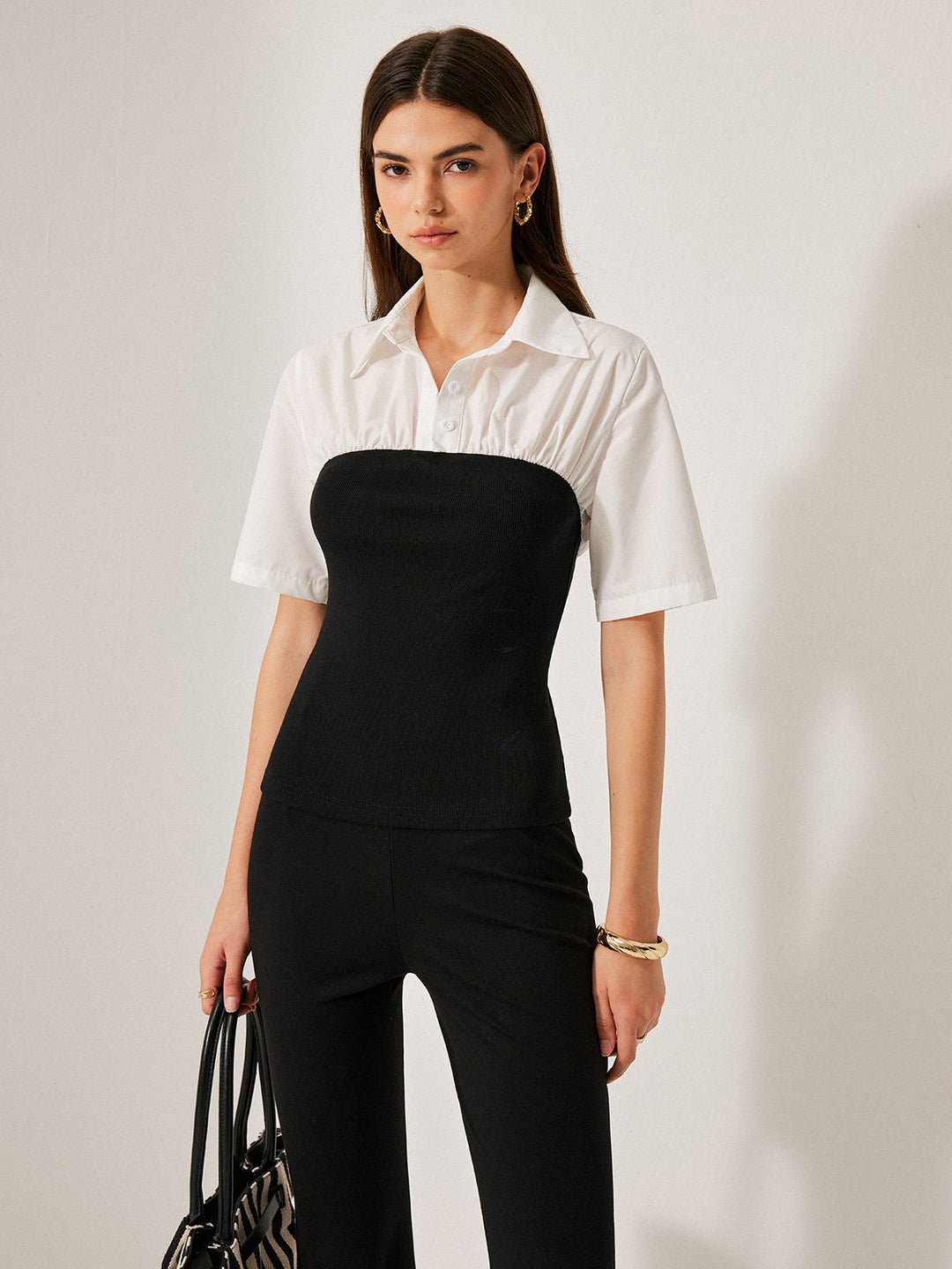 Blouse boutonnée à revers décorative 2 en 1