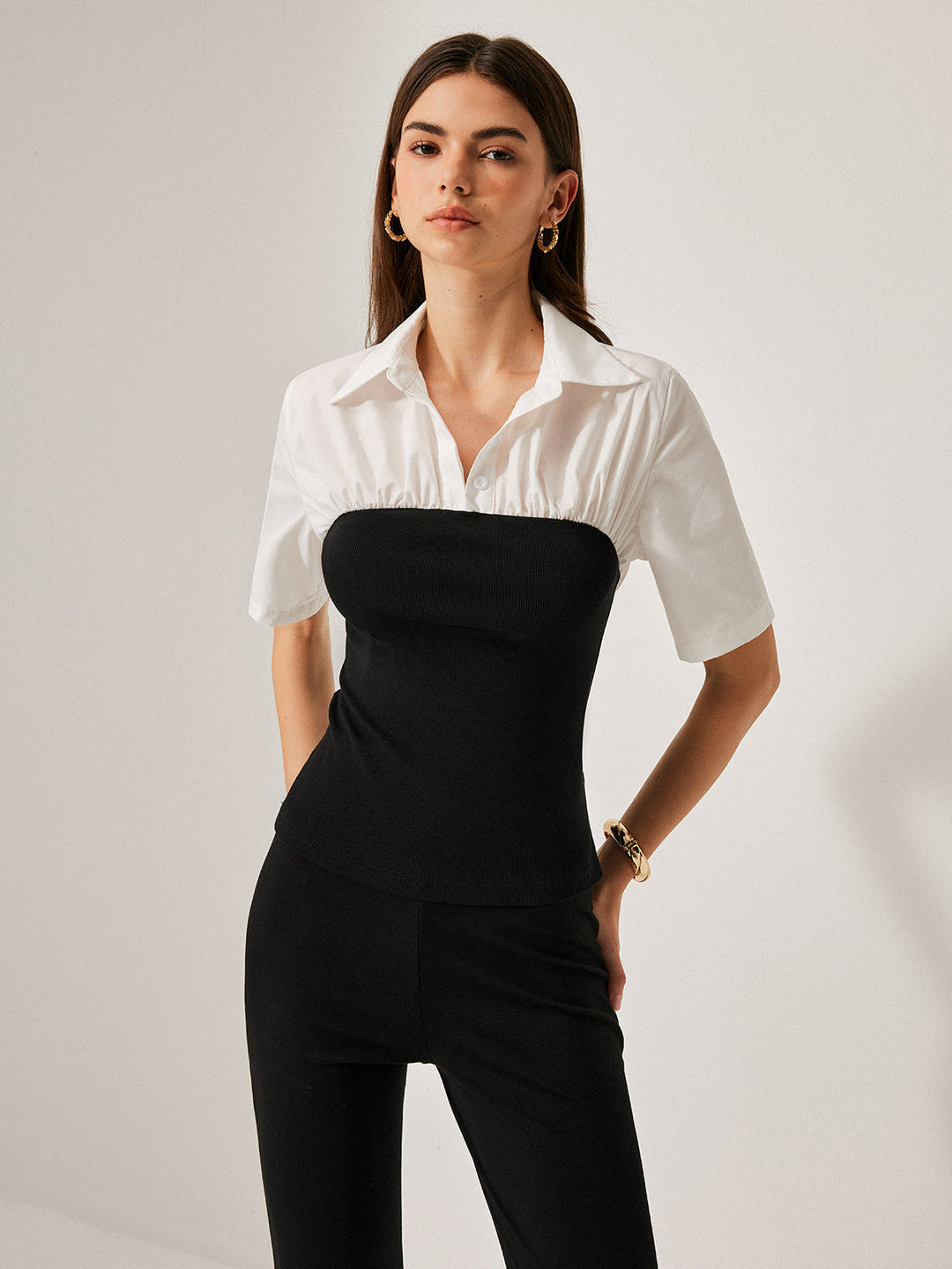 Blouse boutonnée à revers décorative 2 en 1