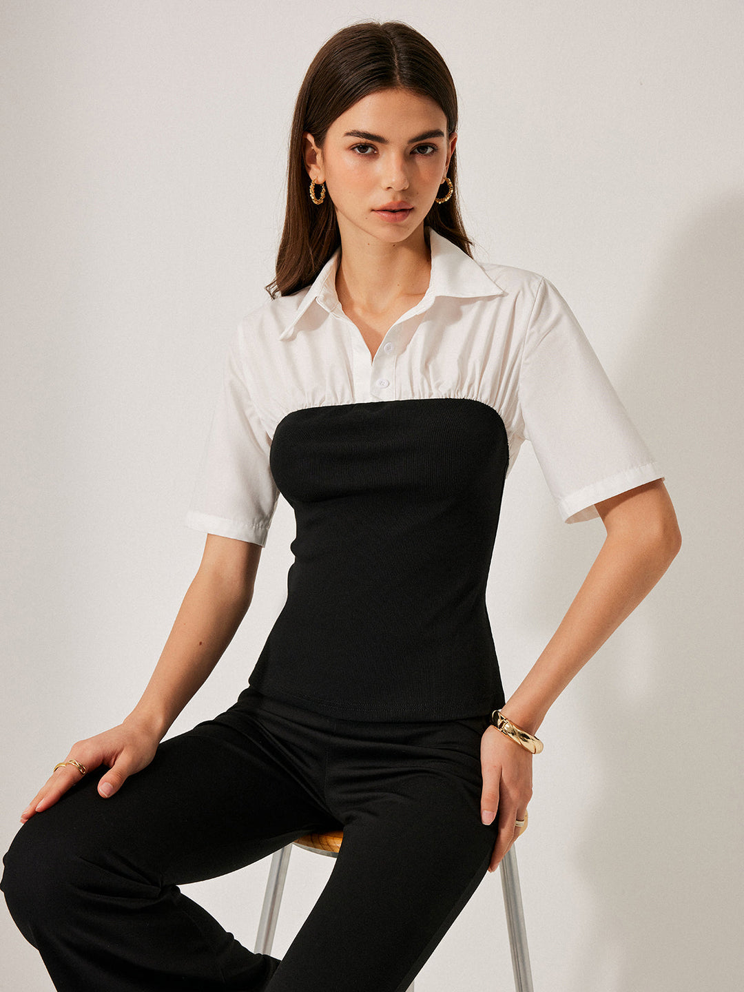 Blouse boutonnée à revers décorative 2 en 1