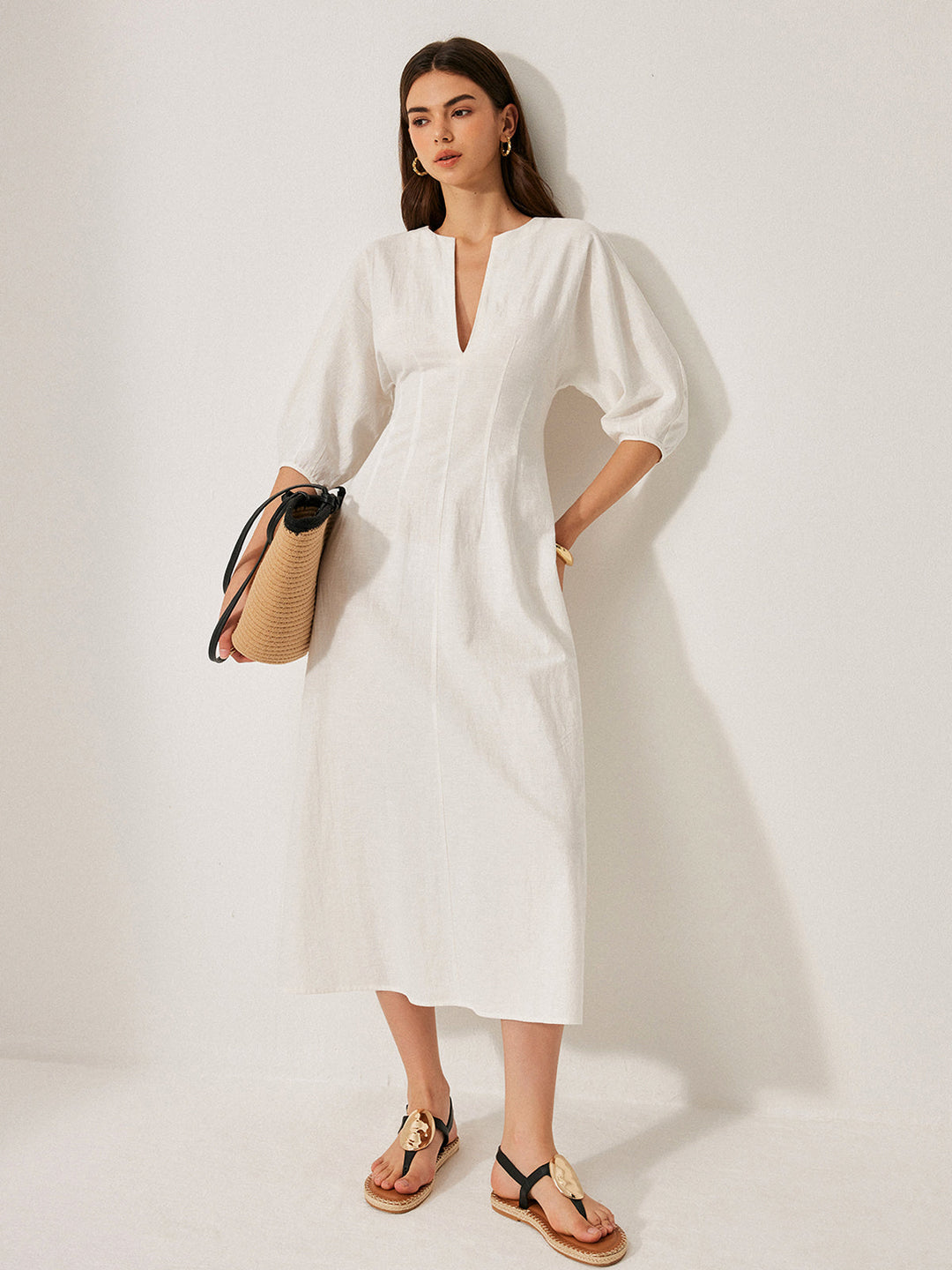Robe Manches Bouffantes Coton & Lin Sans Ceinture