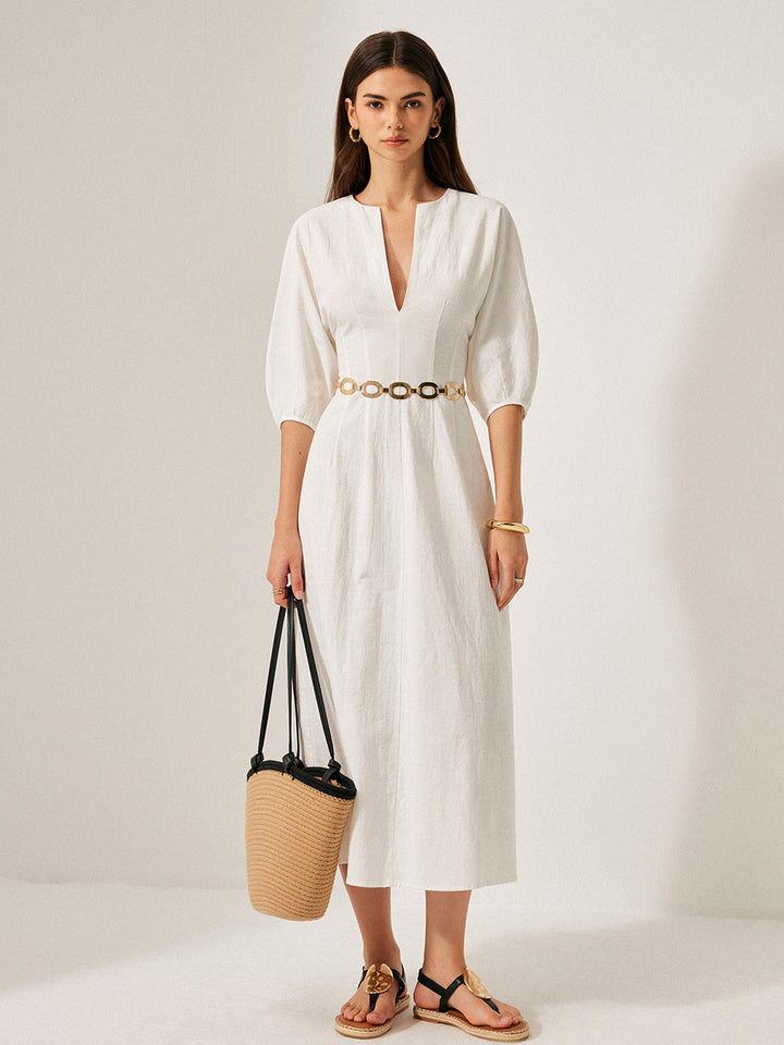 Robe Manches Bouffantes Coton & Lin Sans Ceinture
