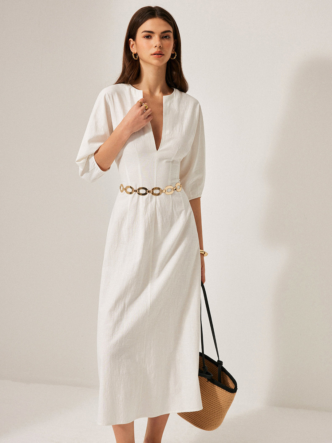 Robe Manches Bouffantes Coton & Lin Sans Ceinture