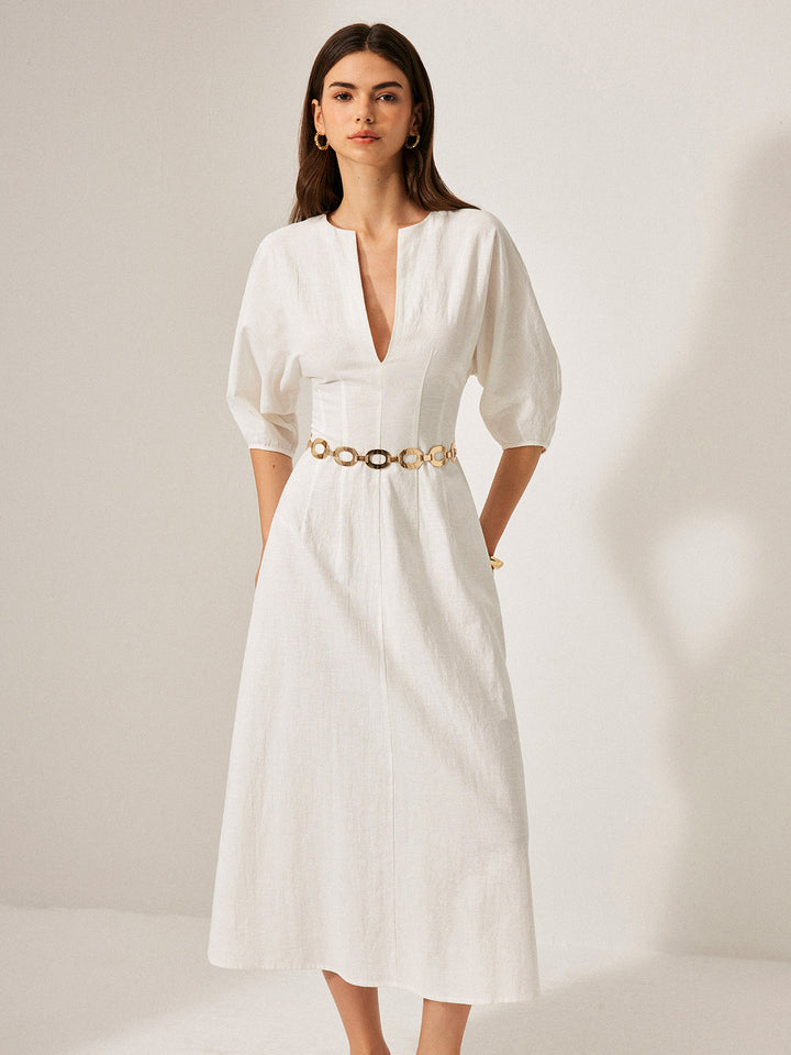 Robe Manches Bouffantes Coton & Lin Sans Ceinture