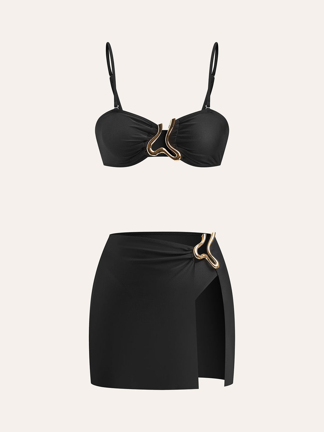 Ensemble Bikini Détaillé Doré Avec Jupe de Couverture