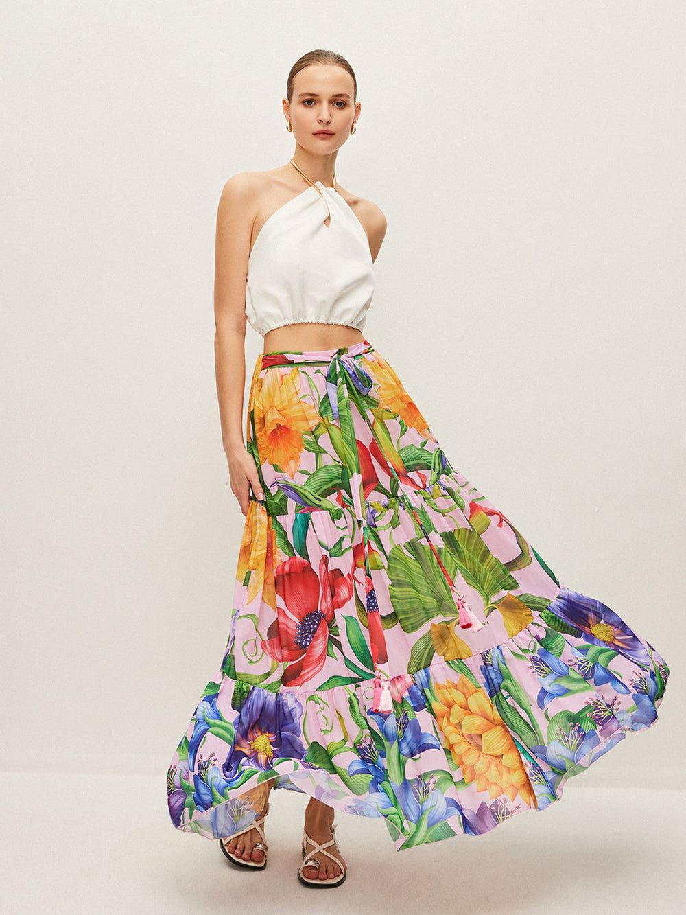Jupe mi-transparente à imprimé floral avec ceinture en mousseline