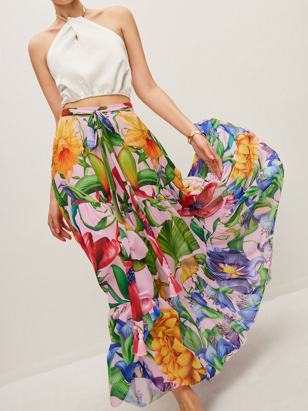 Jupe mi-transparente à imprimé floral avec ceinture en mousseline