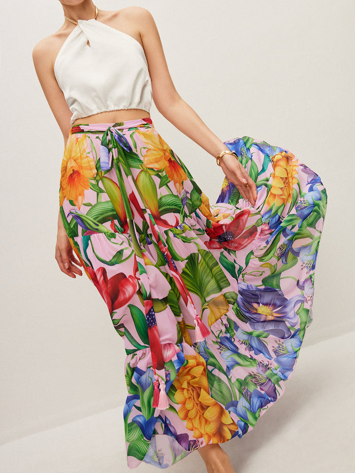 Jupe mi-transparente à imprimé floral avec ceinture en mousseline