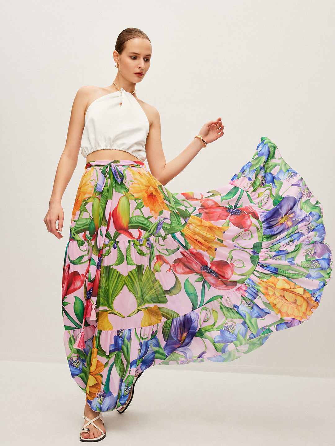 Jupe mi-transparente à imprimé floral avec ceinture en mousseline