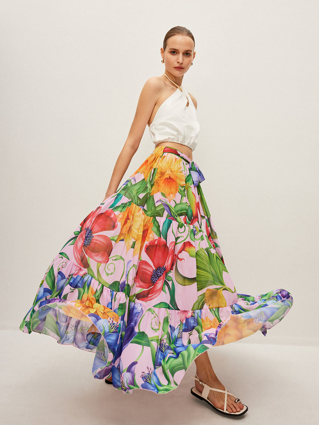 Jupe mi-transparente à imprimé floral avec ceinture en mousseline