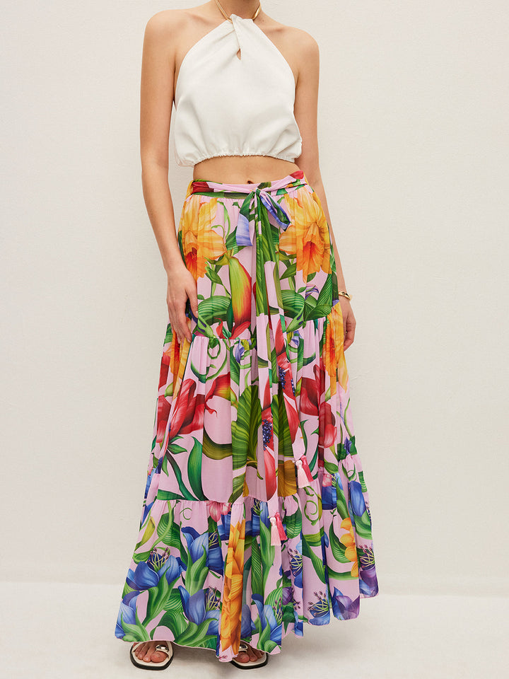 Jupe mi-transparente à imprimé floral avec ceinture en mousseline