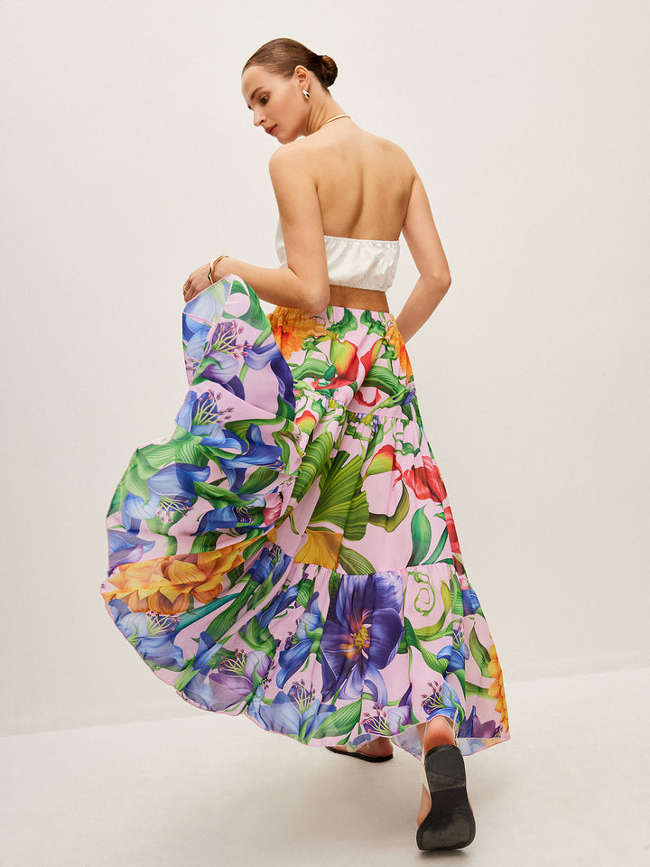 Jupe mi-transparente à imprimé floral avec ceinture en mousseline