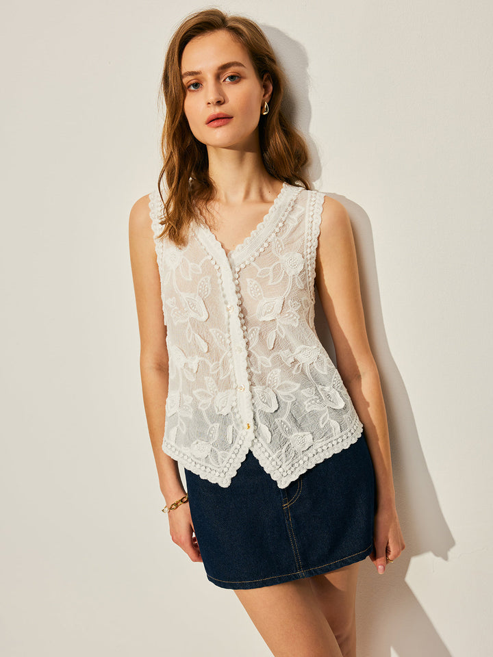 Gilet en Coton Brodé Fleuri