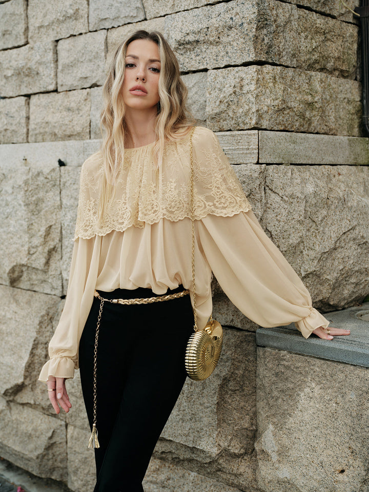 Blouse Semi-Transparente en Dentelle et Mousseline