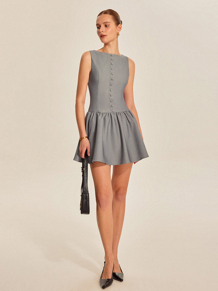Robe Sans Manches à Boutons Plissés