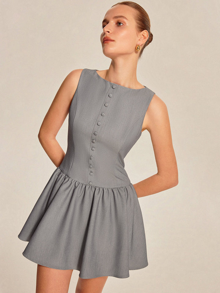 Robe Sans Manches à Boutons Plissés