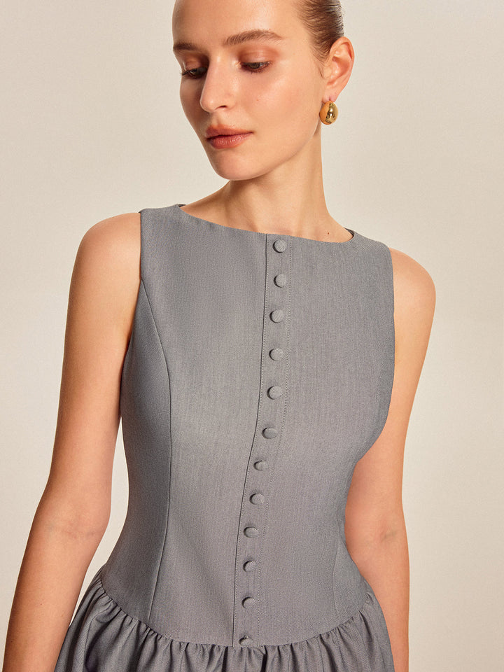Robe Sans Manches à Boutons Plissés