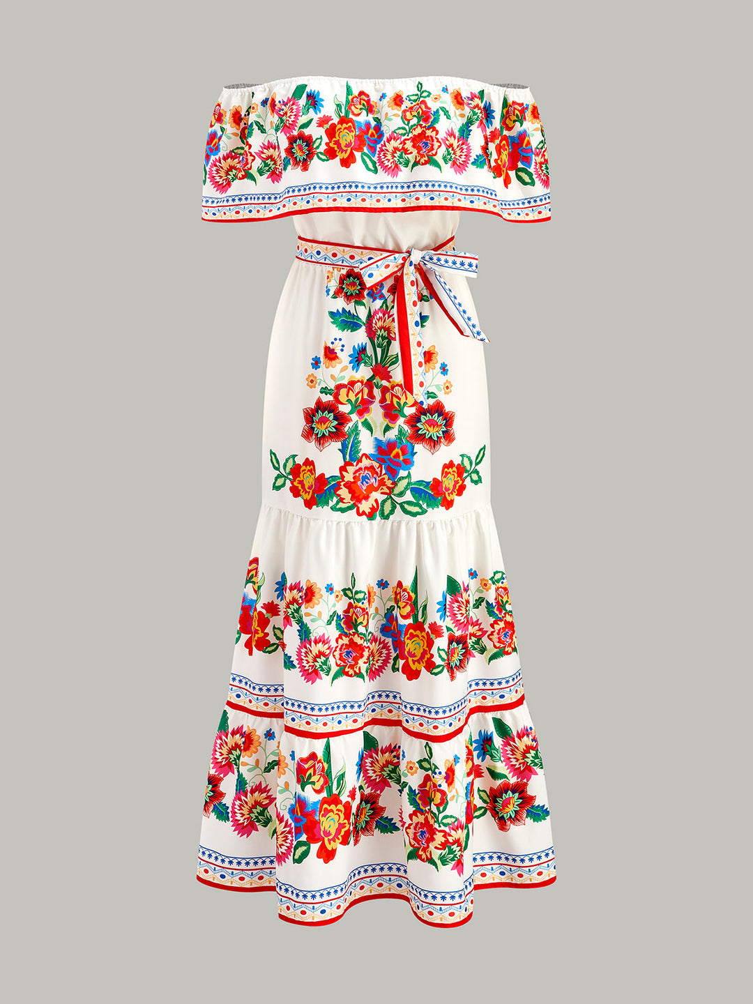 Robe Longue à Imprimé Floral et Col Bardot avec Ceinture
