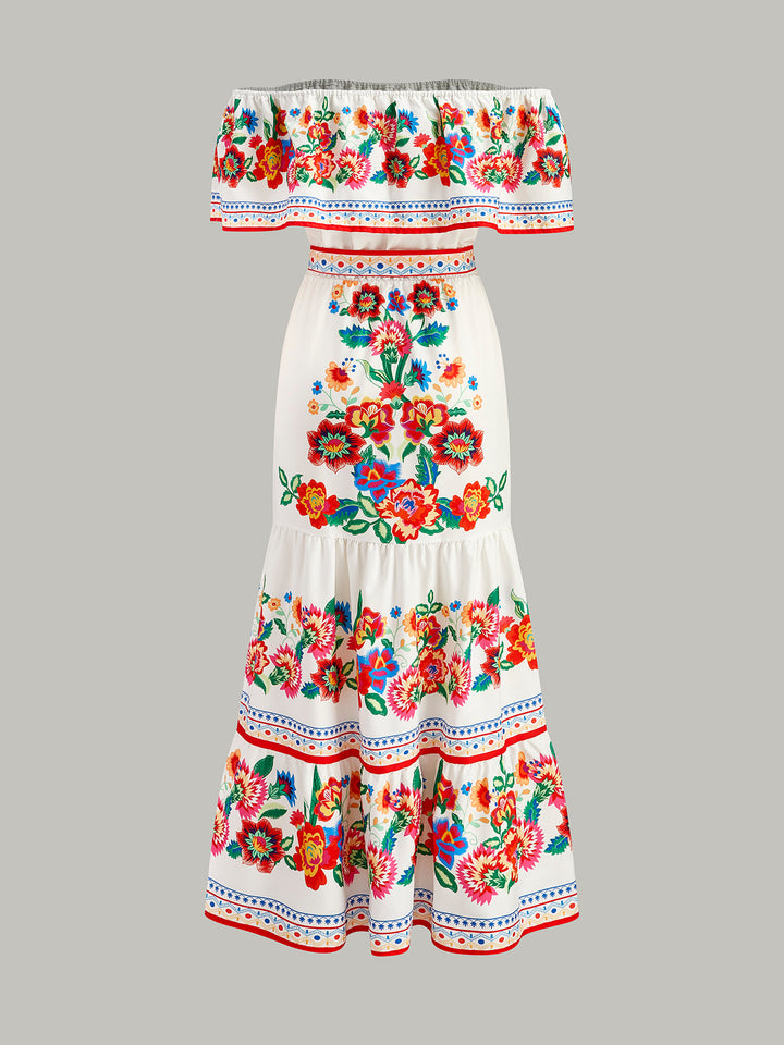 Robe Longue à Imprimé Floral et Col Bardot avec Ceinture