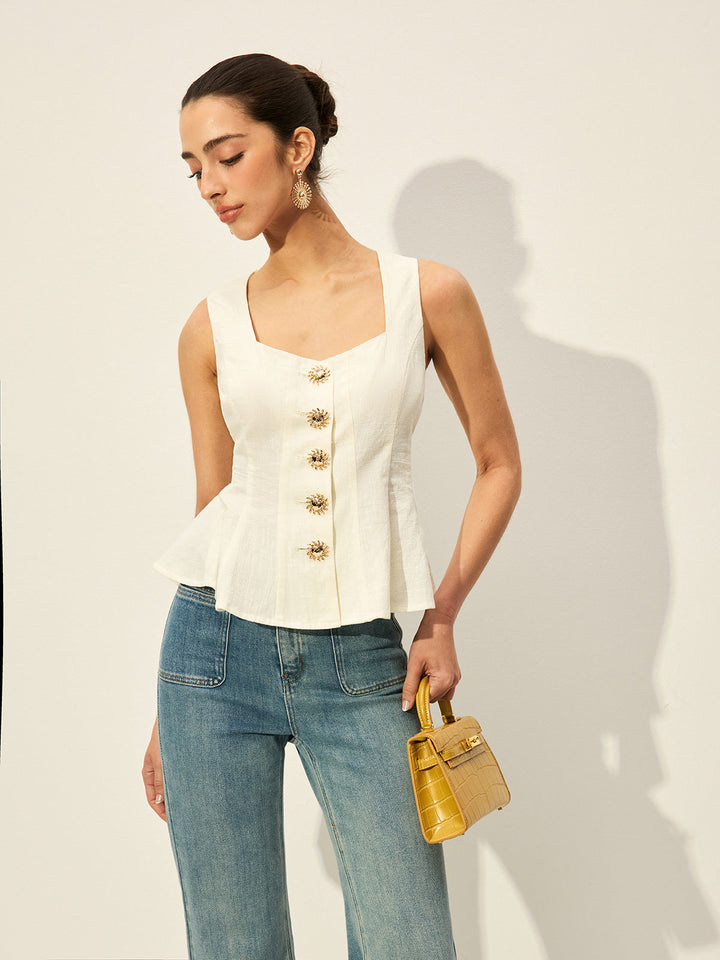 Haut Peplum à Boutons et Encolure Carrée