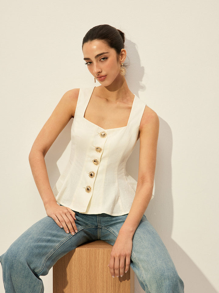 Haut Peplum à Boutons et Encolure Carrée