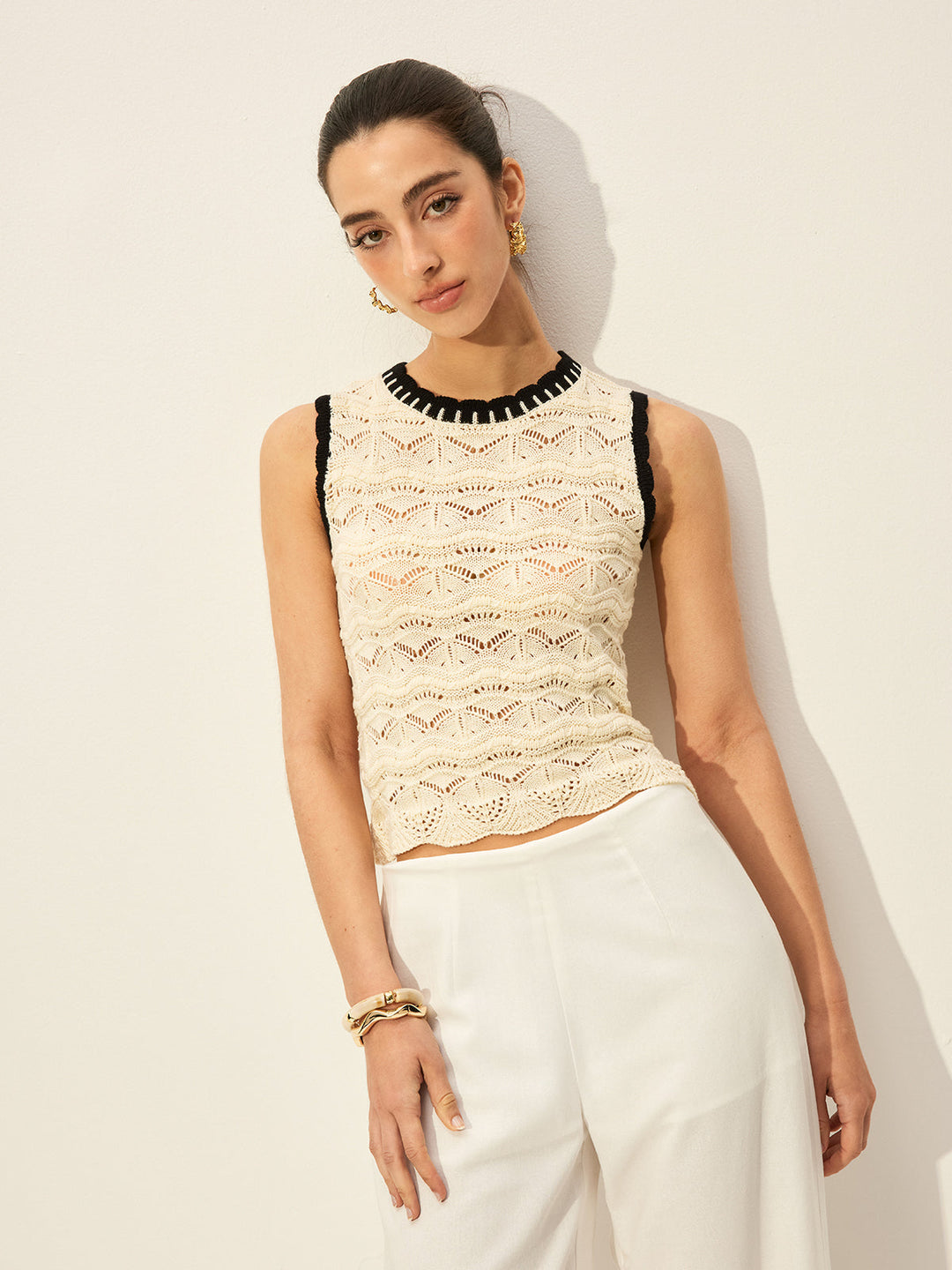 Gilet Sans Manches en Tricot avec Bordure Contrastante