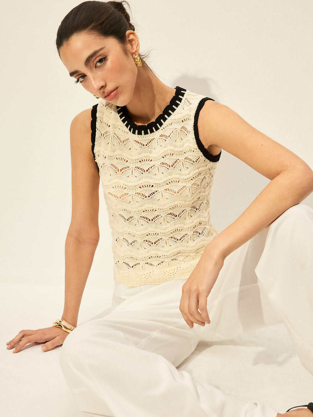 Gilet Sans Manches en Tricot avec Bordure Contrastante