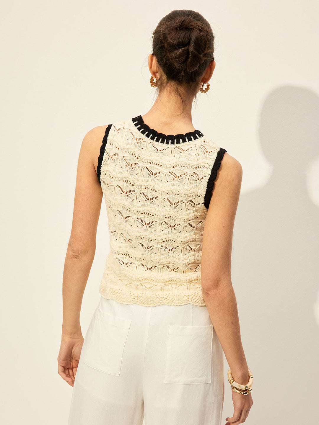 Gilet Sans Manches en Tricot avec Bordure Contrastante