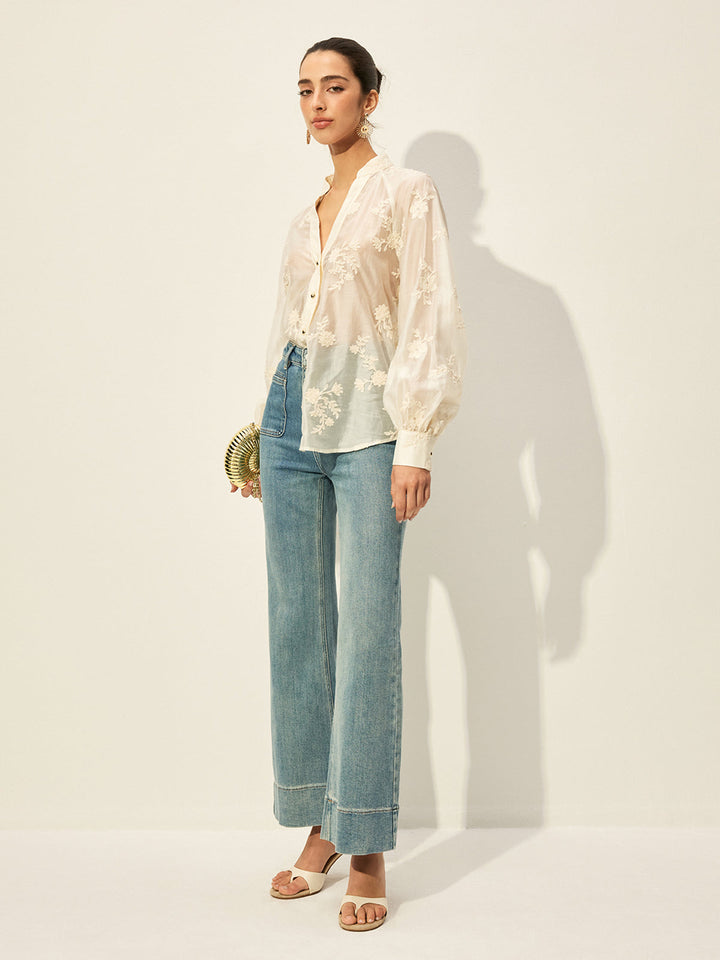 Blouse Boutonnée Semi-Transparente Brodé