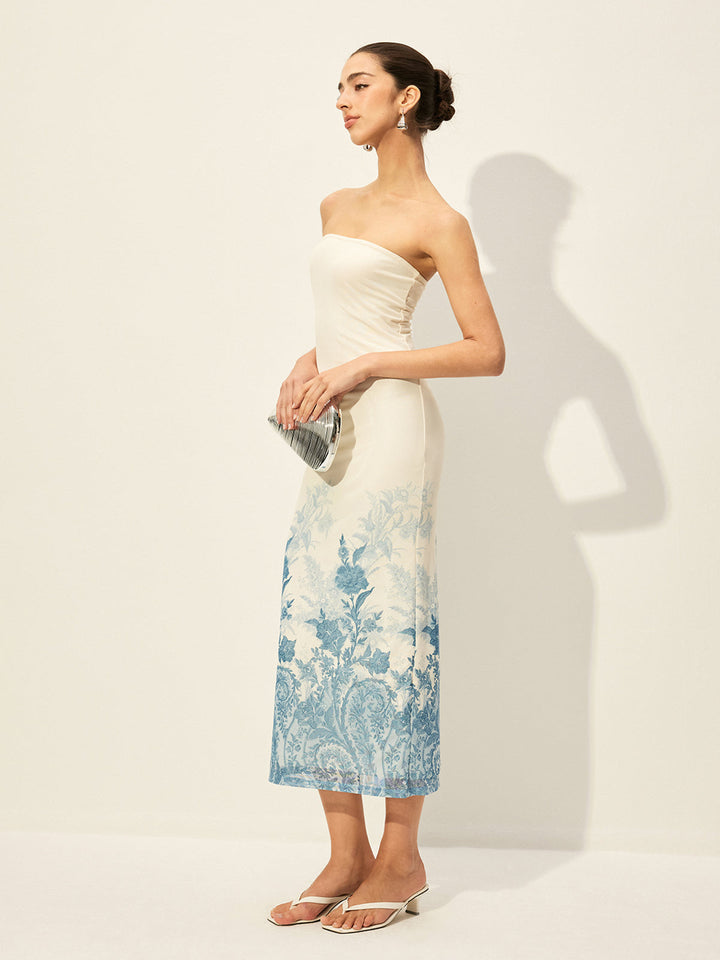 Robe Sans Bretelles en Maille avec Ourlet Fleuri
