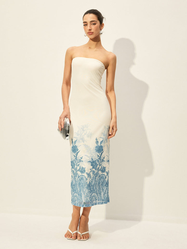 Robe Sans Bretelles en Maille avec Ourlet Fleuri