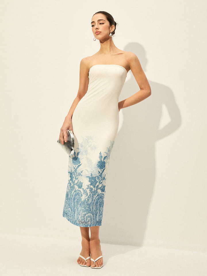 Robe Sans Bretelles en Maille avec Ourlet Fleuri