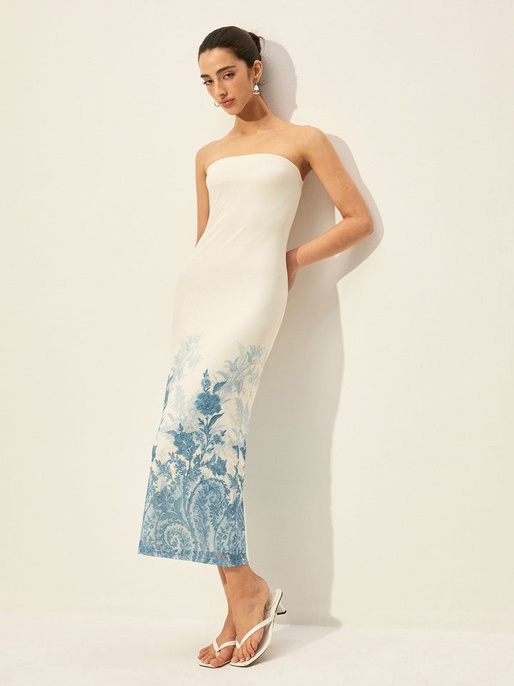 Robe Sans Bretelles en Maille avec Ourlet Fleuri