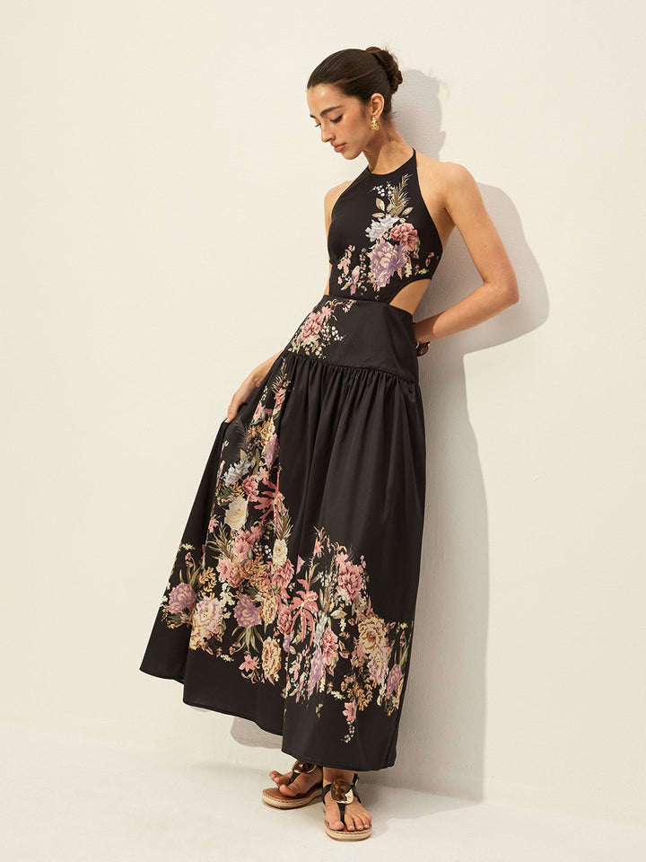 Robe Longue à Fleurs avec Décolleté Maintenu et Découpe