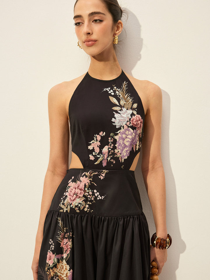 Robe Longue à Fleurs avec Décolleté Maintenu et Découpe