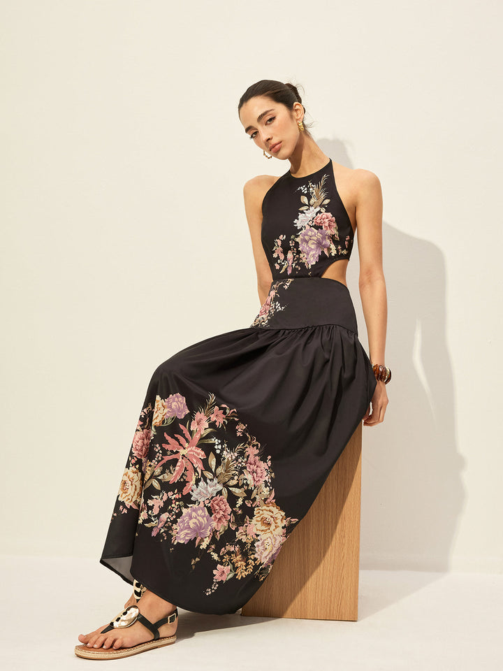 Robe Longue à Fleurs avec Décolleté Maintenu et Découpe