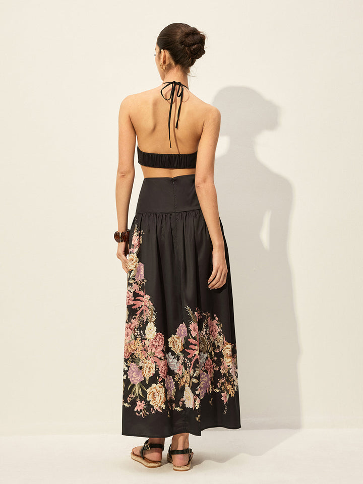 Robe Longue à Fleurs avec Décolleté Maintenu et Découpe