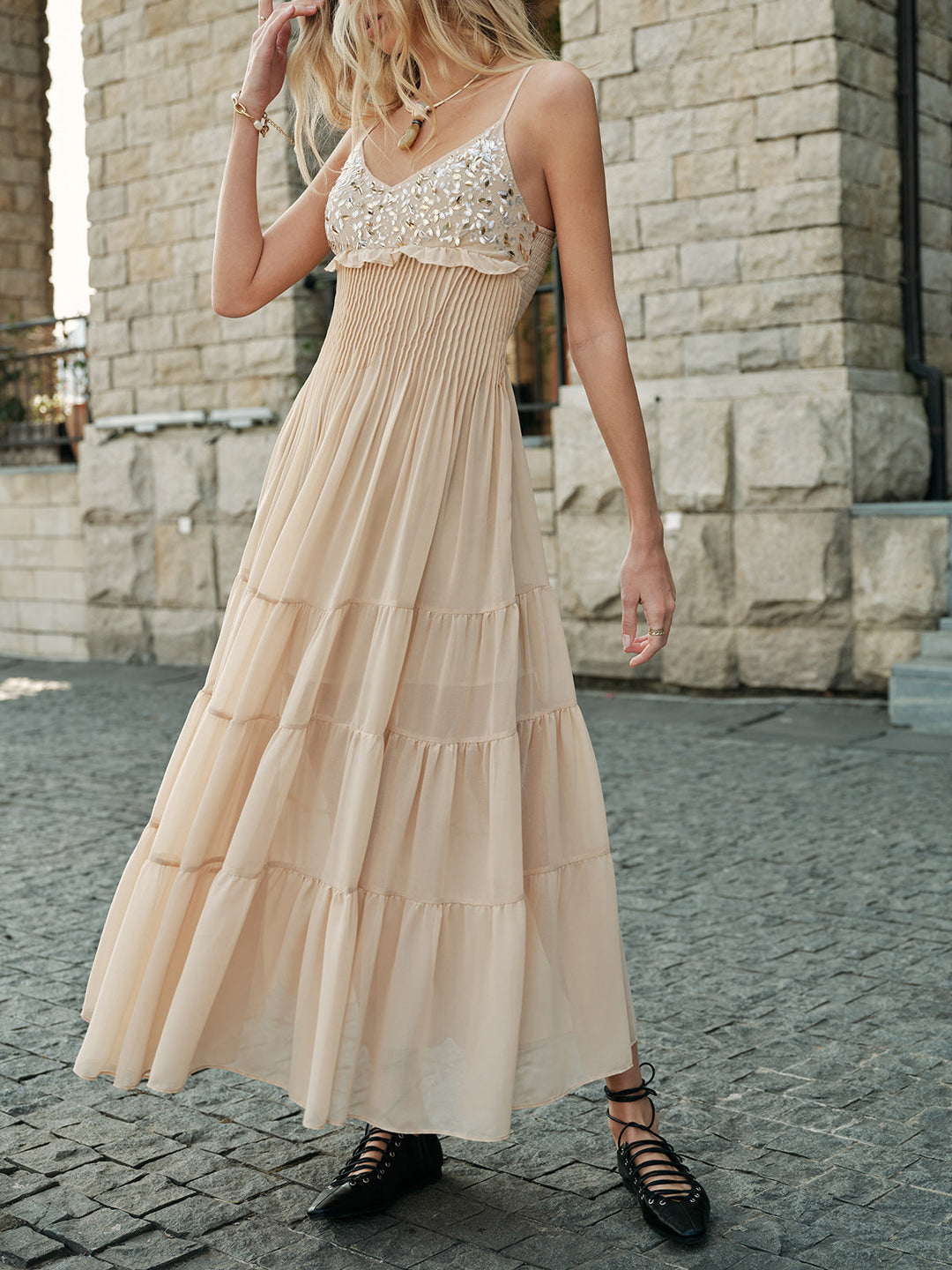 Robe Habillée Brodé Semi-Transparent à Volants