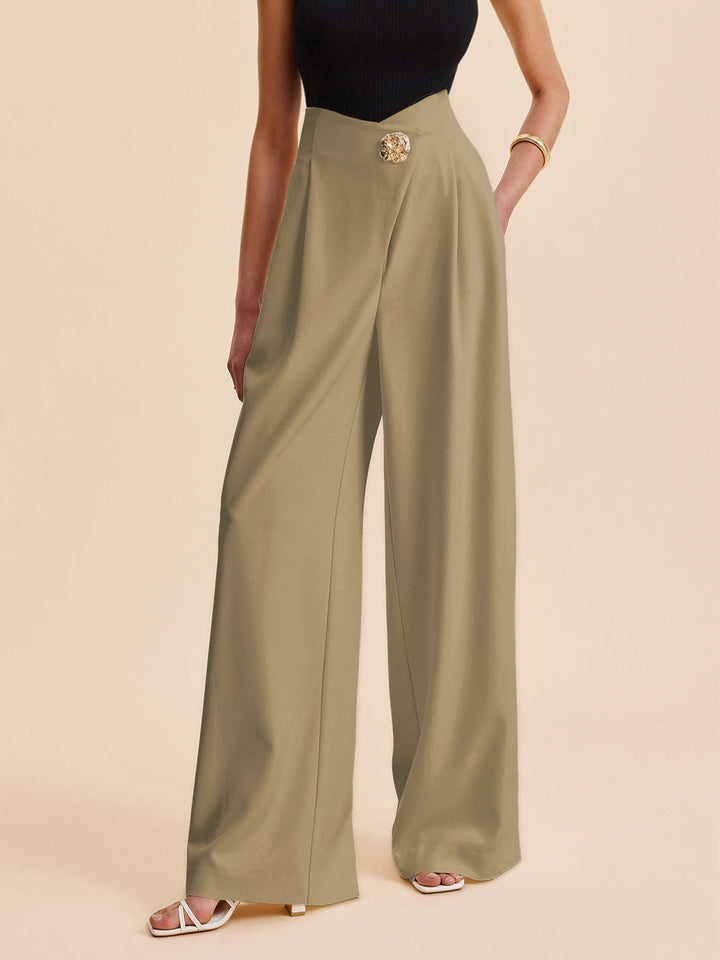 Pantalon large taille haute orné