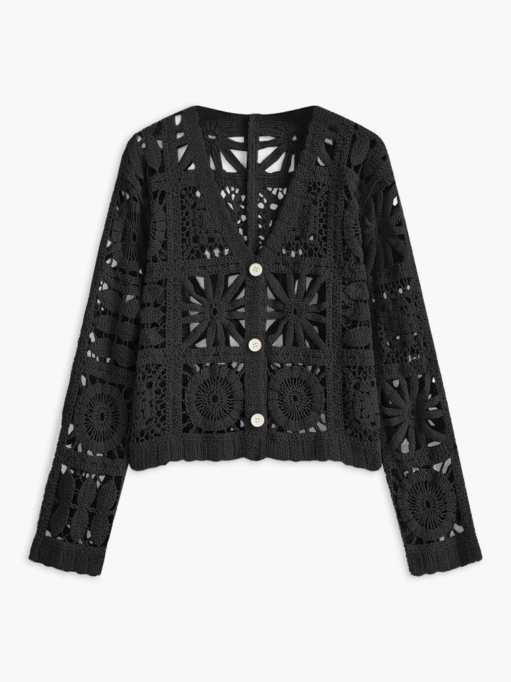 Cardigan à Boutons avec Motif Carré au Crochet