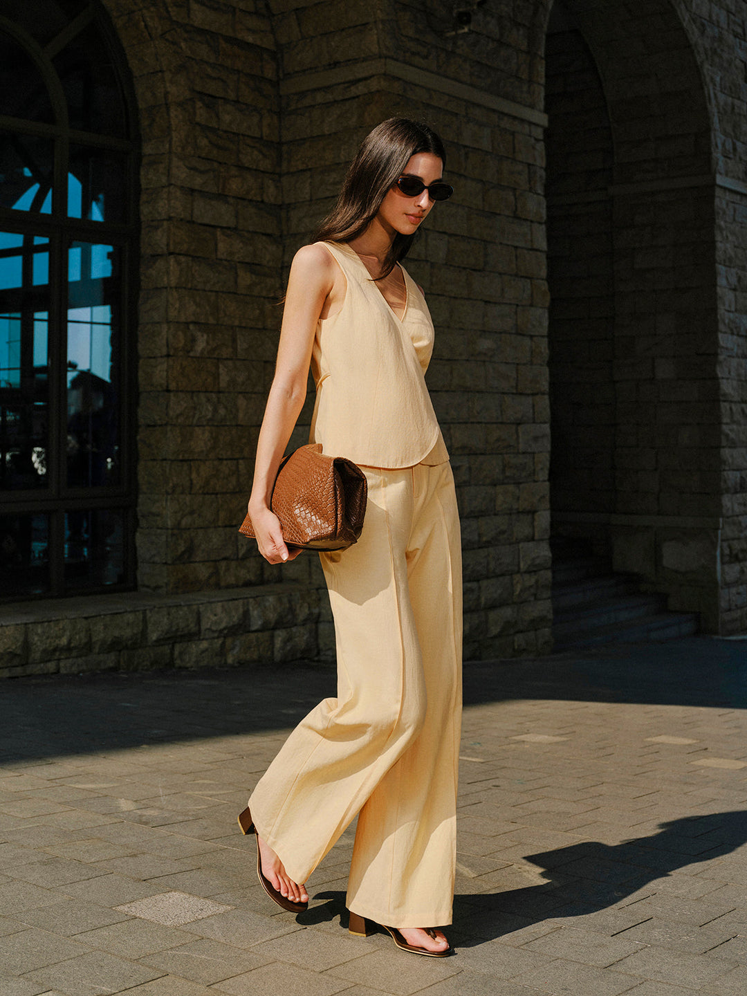 Ensemble haut et pantalon à nouer en coton et lin
