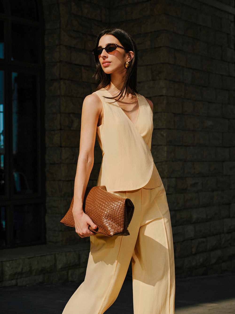 Ensemble haut et pantalon à nouer en coton et lin