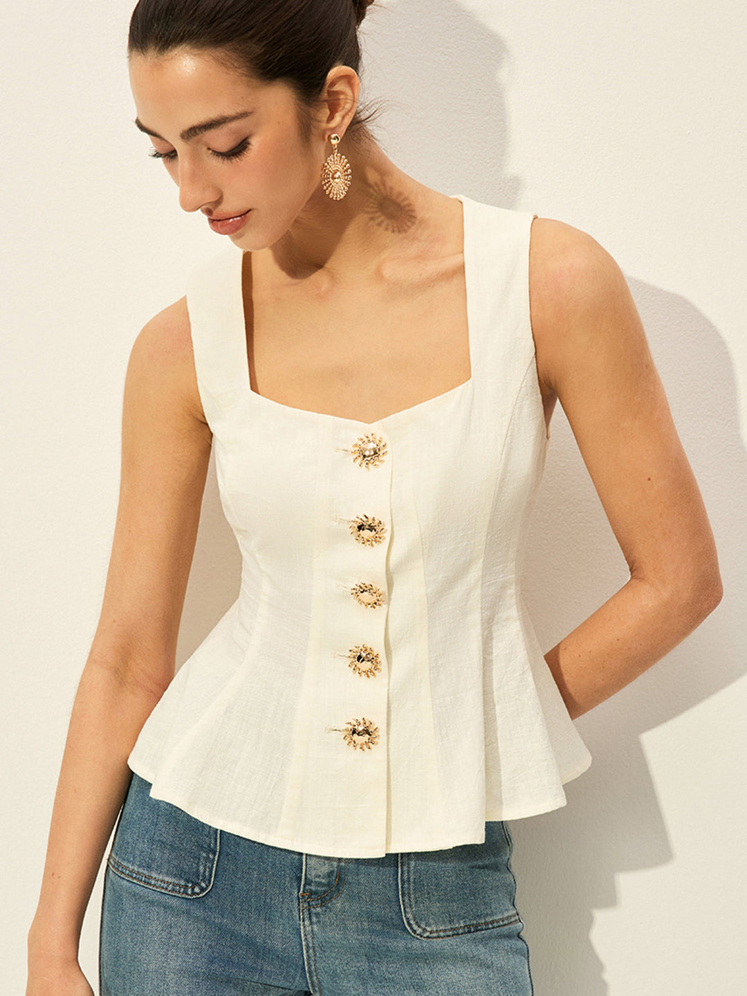Haut Peplum à Boutons et Encolure Carrée