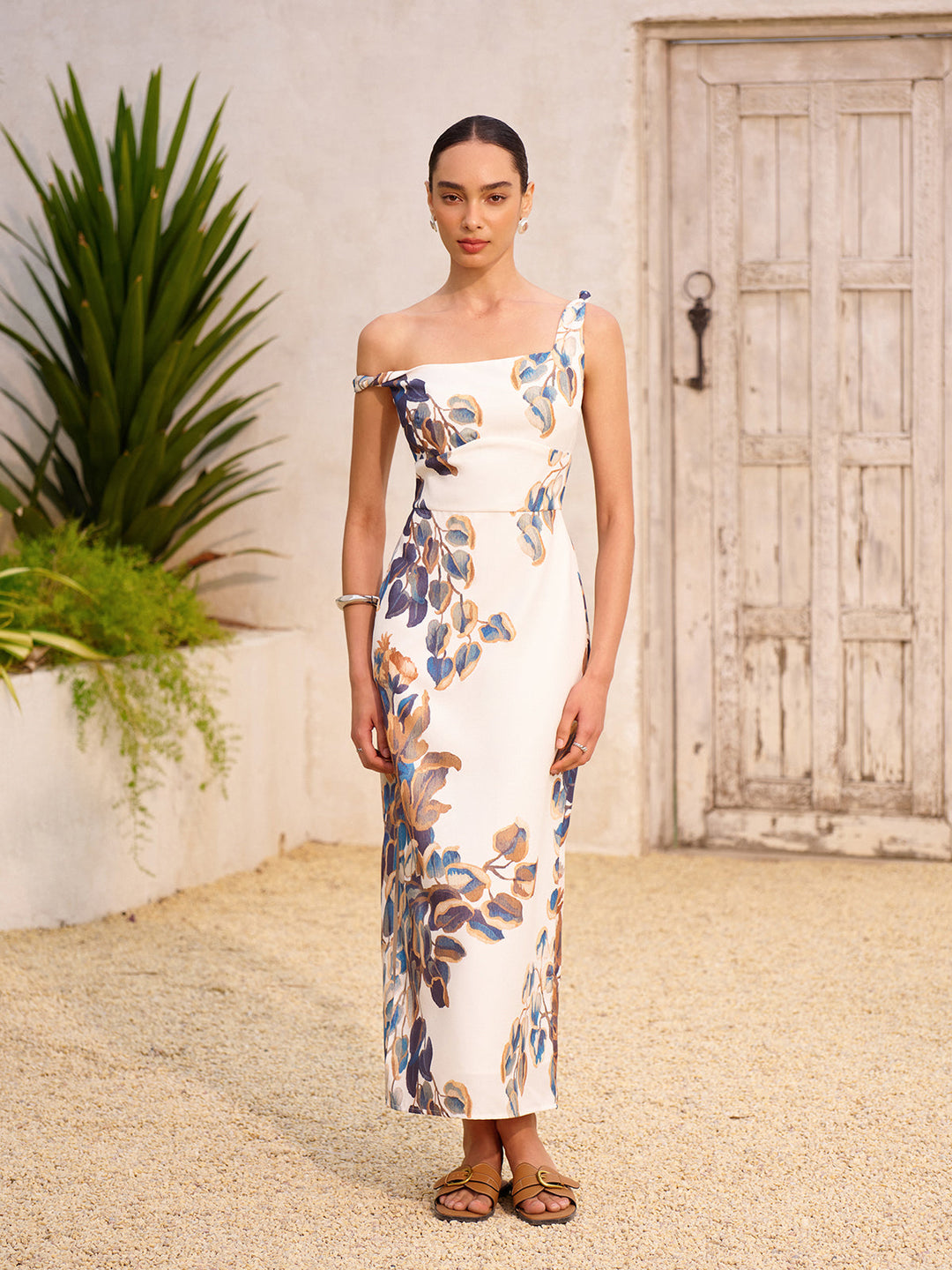 Robe Longue Bohème à Col Asymétrique avec Fermeture Éclair et Fente
