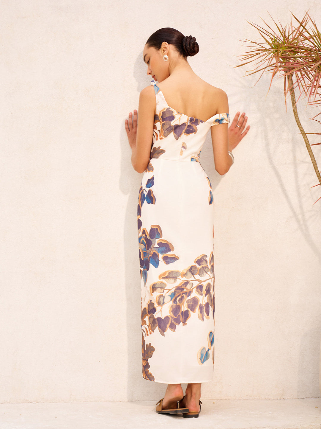 Robe Longue Bohème à Col Asymétrique avec Fermeture Éclair et Fente