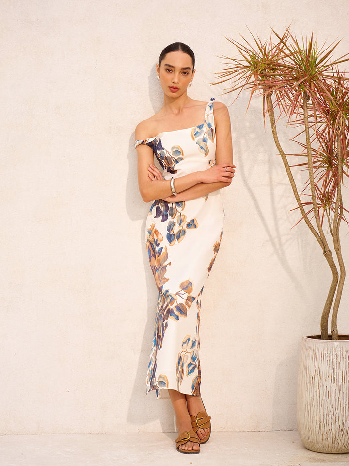 Robe Longue Bohème à Col Asymétrique avec Fermeture Éclair et Fente