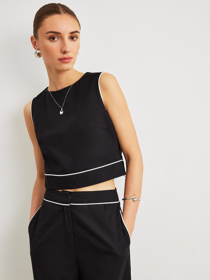 Ensemble pantalon en coton et lin avec poches